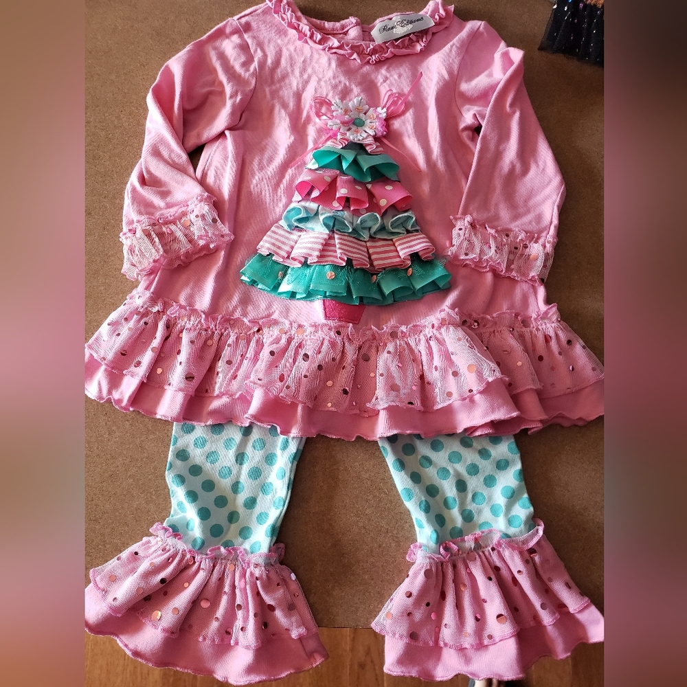 Rare Editions Pink and Green Christmas Dress with matching Pants Outfit